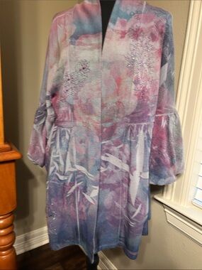 B.L.E.U. Pastel Floral-Print Open Cardigan in Light Blue and Pink